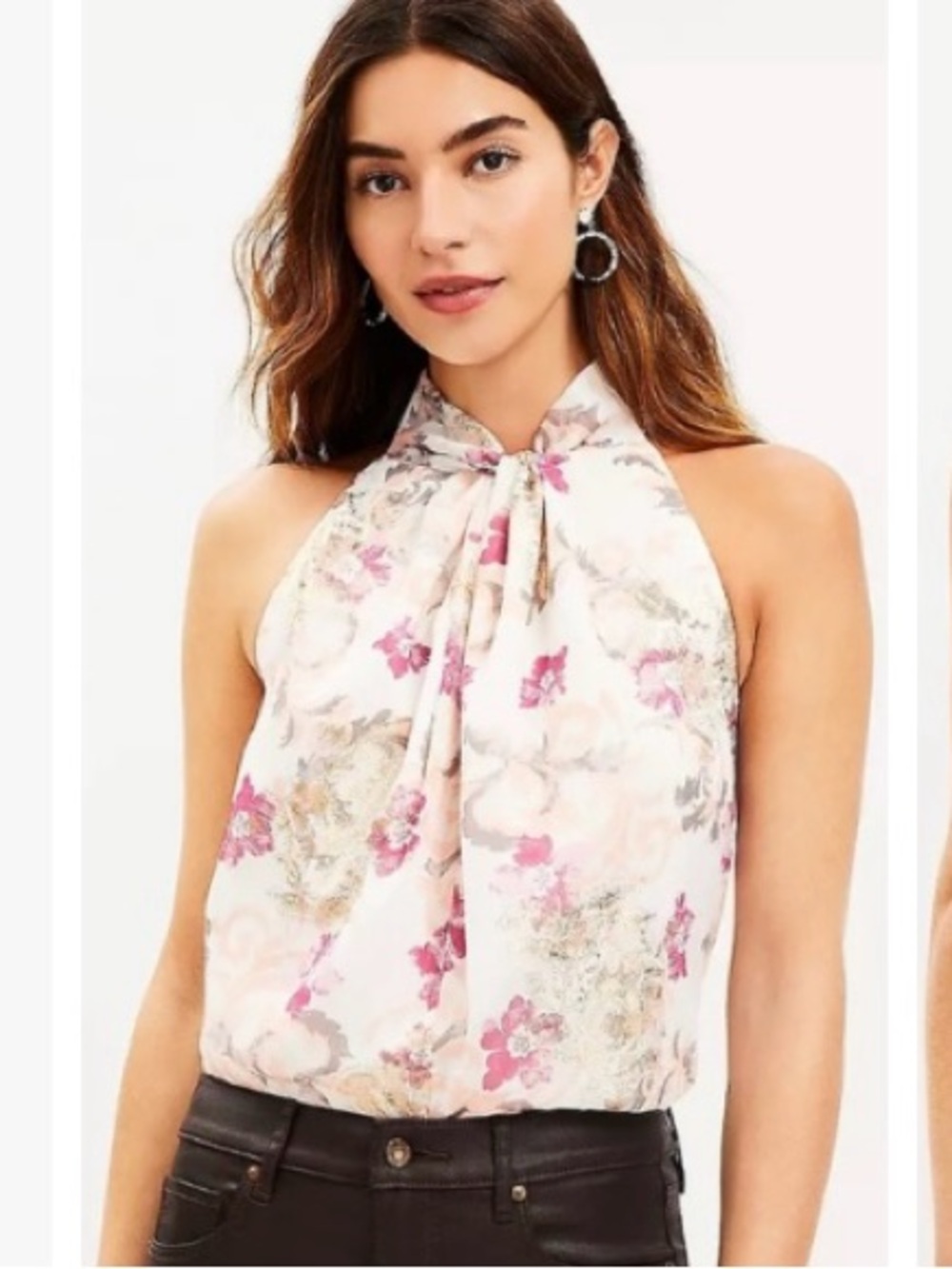 LOFT Cream Floral Halter Tie-Neck Camisole